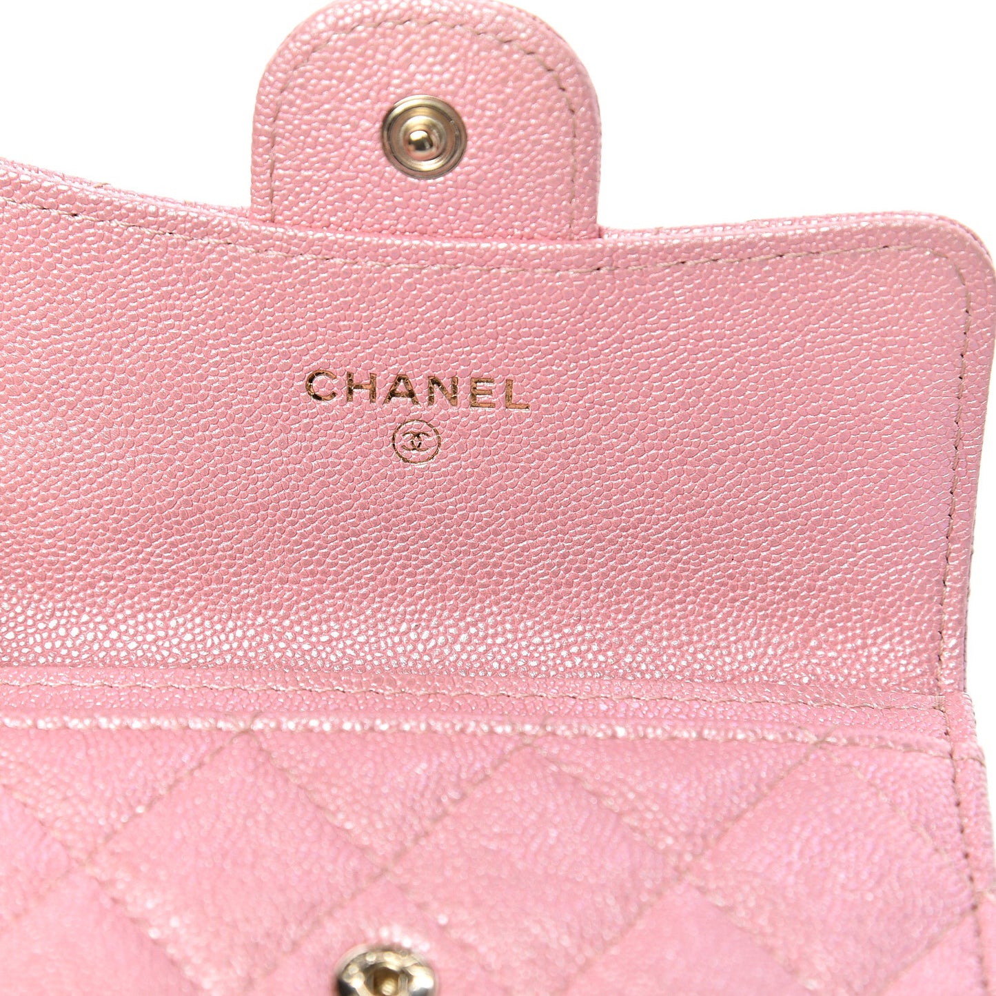 Iridescent Caviar Quilted Flap Card Holder Rose Pink