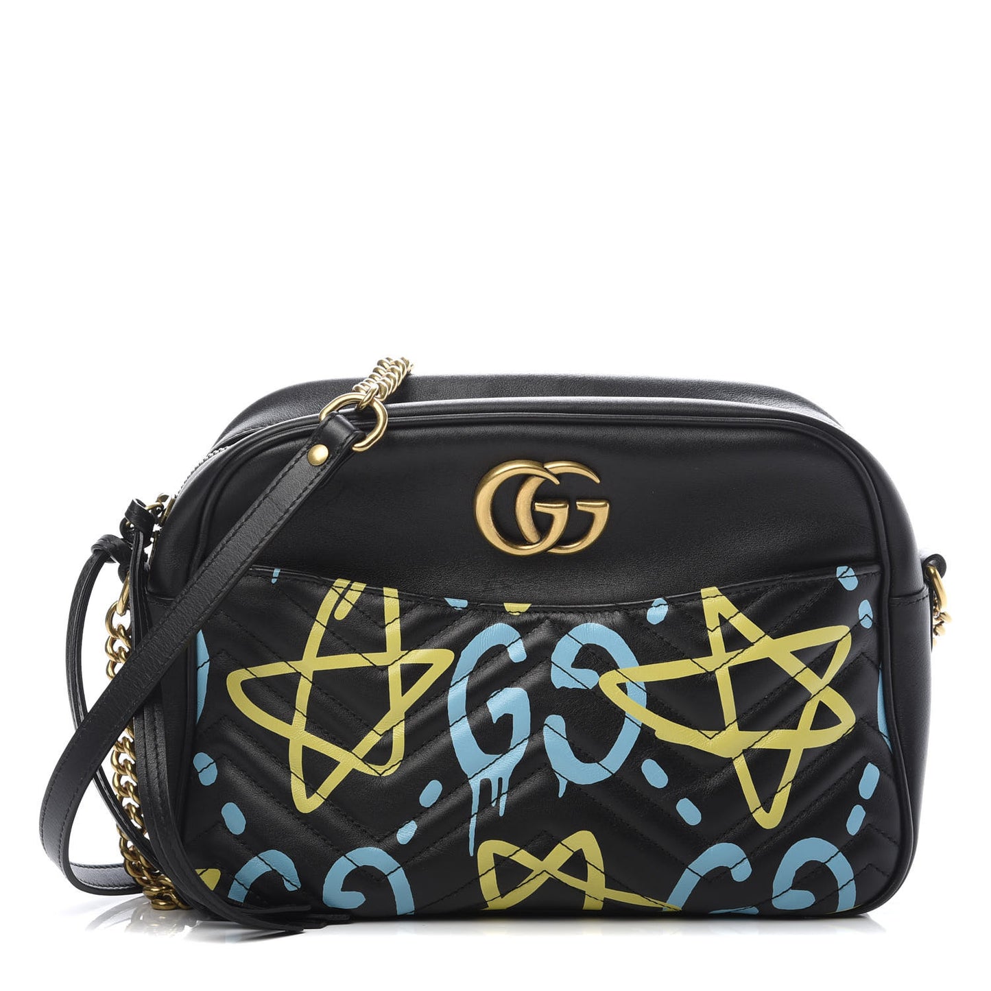 Calfskin Matelasse GucciGhost Medium GG Marmont Chain Shoulder Bag Black New Acquamarine