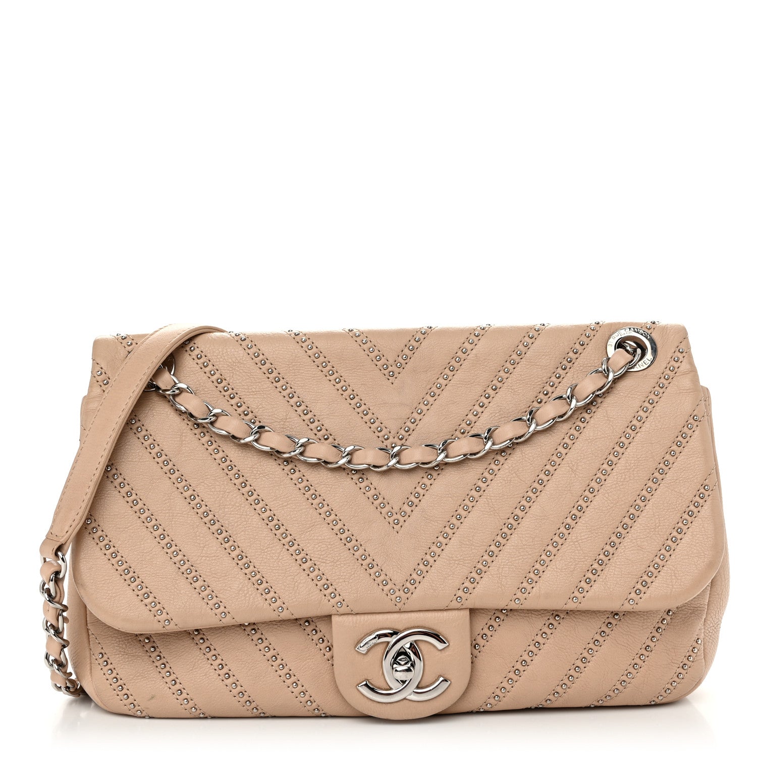 Chanel Calfskin Studded Chevron Quilted Medium Wars Flap Beige 1 of 14
