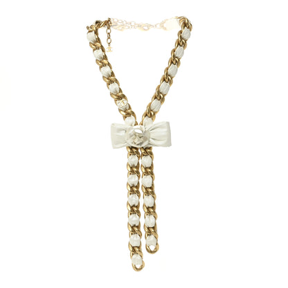Chanel Calfskin Chain Camellia Bow Necklace Gold White 3 of 7