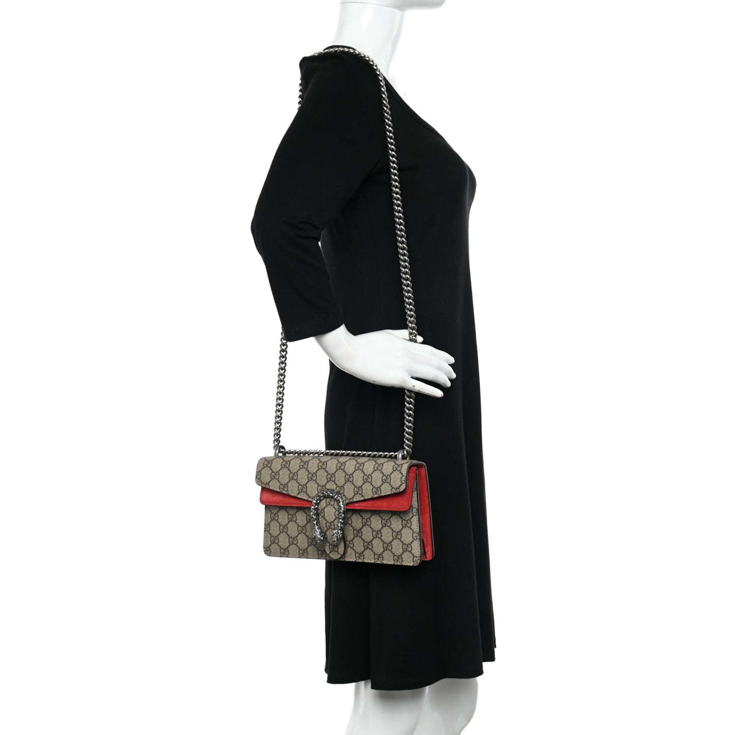 GG Supreme Monogram Suede Crystal Small Dionysus Shoulder Bag Beige Ebony Vulcanic Red