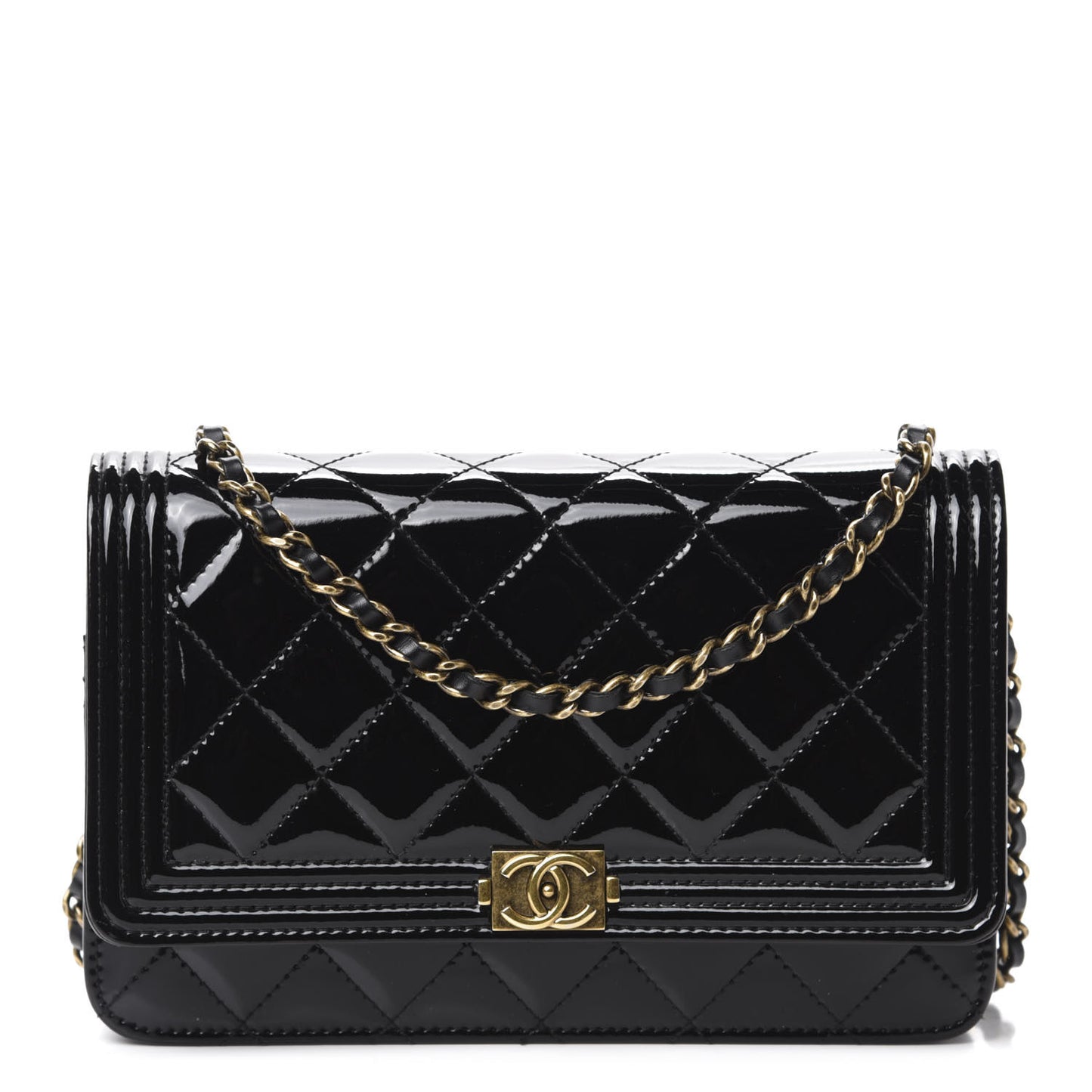 Patent Calfskin Quilted Boy Wallet On Chain WOC Black