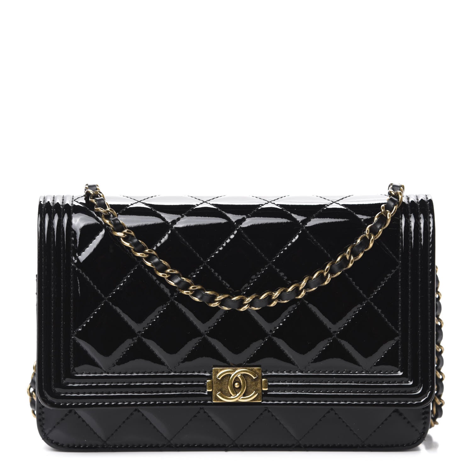 Chanel Patent Calfskin Quilted Boy Wallet On Chain WOC Black 1 of 12
