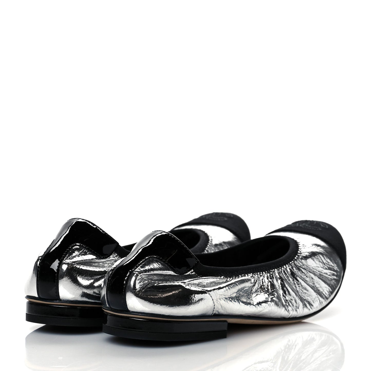 Metallic Laminated Goatskin Patent Grosgrain CC Elastic Cap Toe Ballerina Flats 35.5 Silver Black