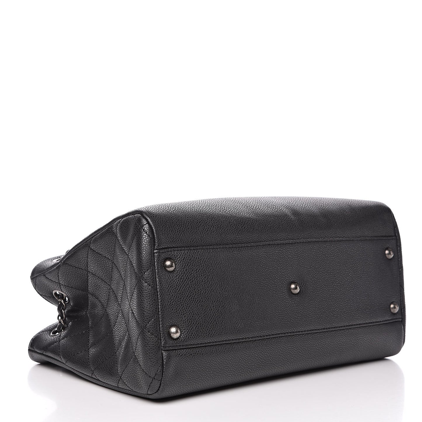 Metallic Grained Calfskin Medium Woven Chain Shopping Tote Black