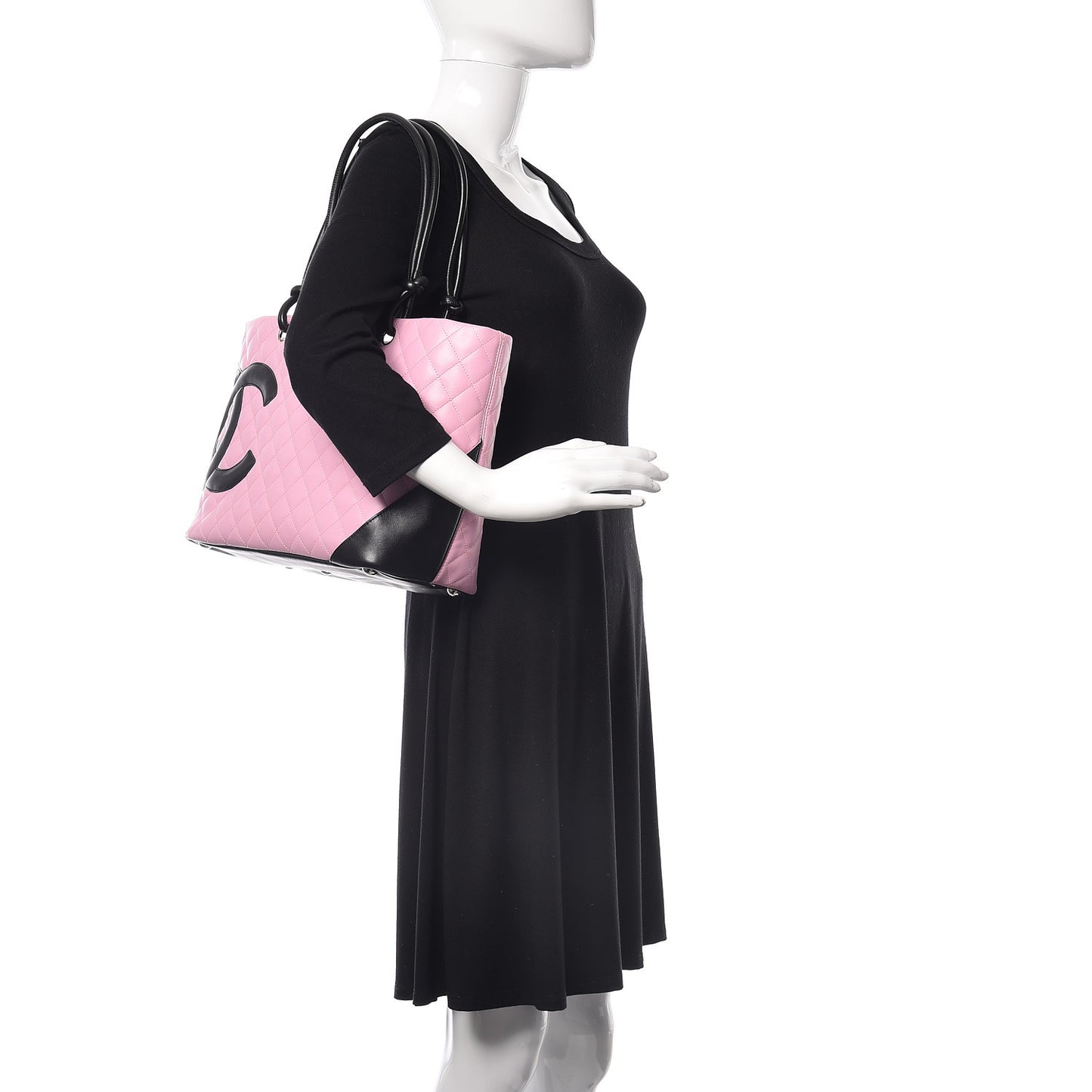 Calfskin Quilted Large Cambon Tote Pink Black