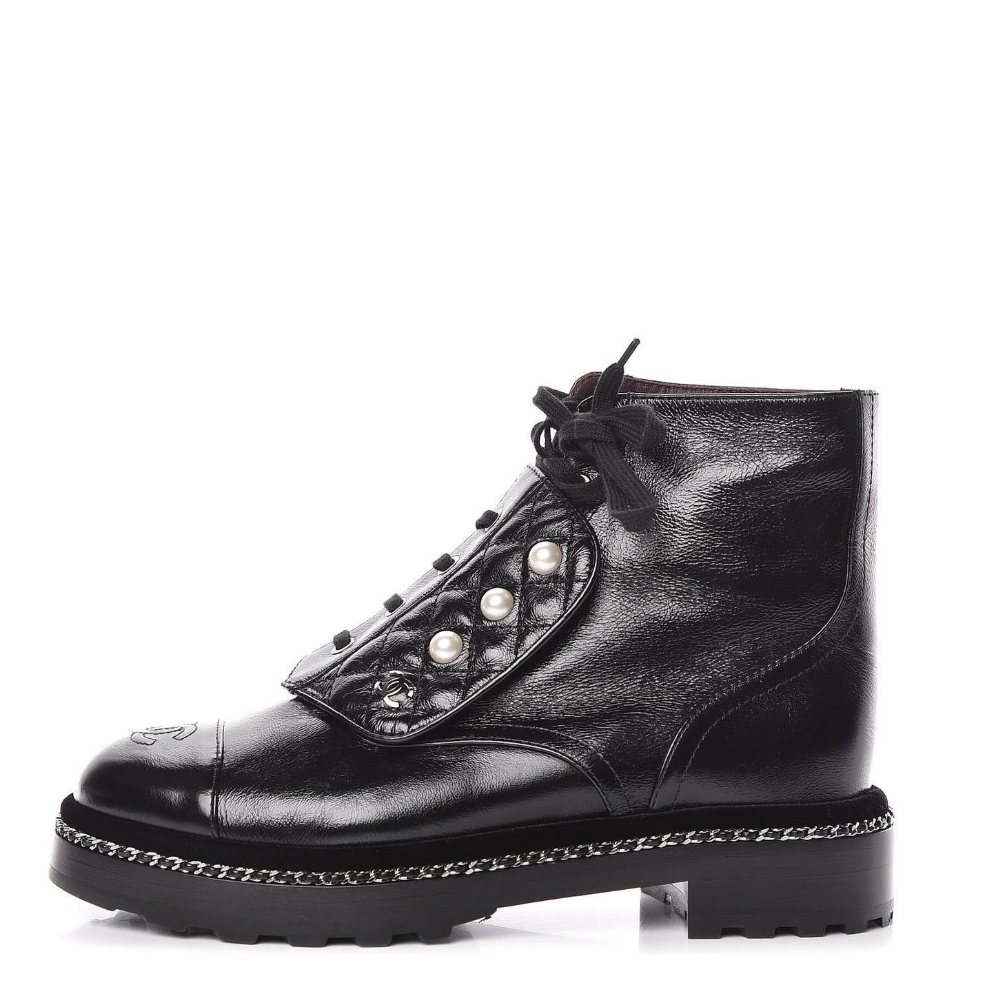 Crackled Calfskin Velvet Pearl Combat Short Boots 40 Black