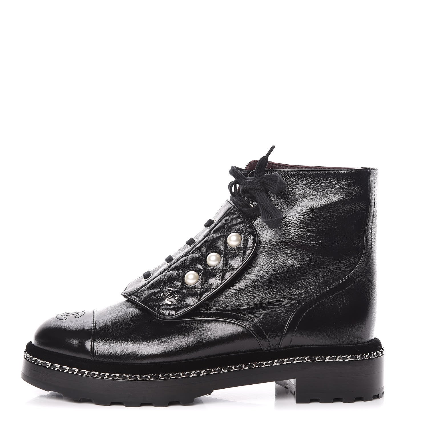 Chanel Crackled Calfskin Velvet Pearl Combat Short Boots 40 Black 1 of 8