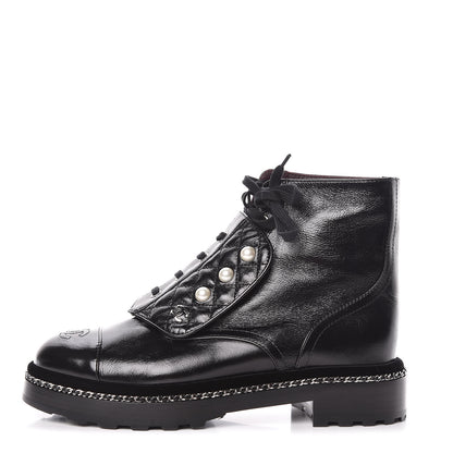 Chanel Crackled Calfskin Velvet Pearl Combat Short Boots 40 Black 1 of 8