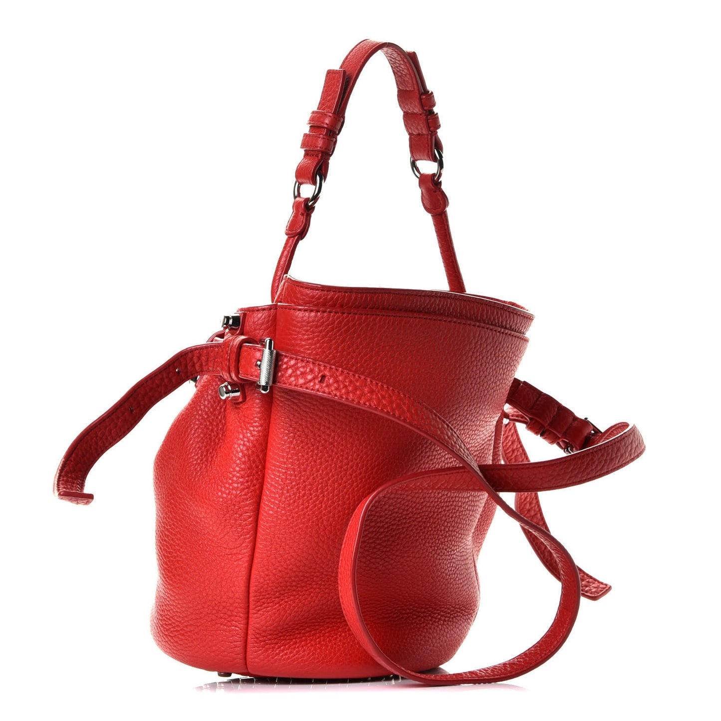 Pebbled Lambskin Small Diego Bucket Bag Red Nickel Hardware