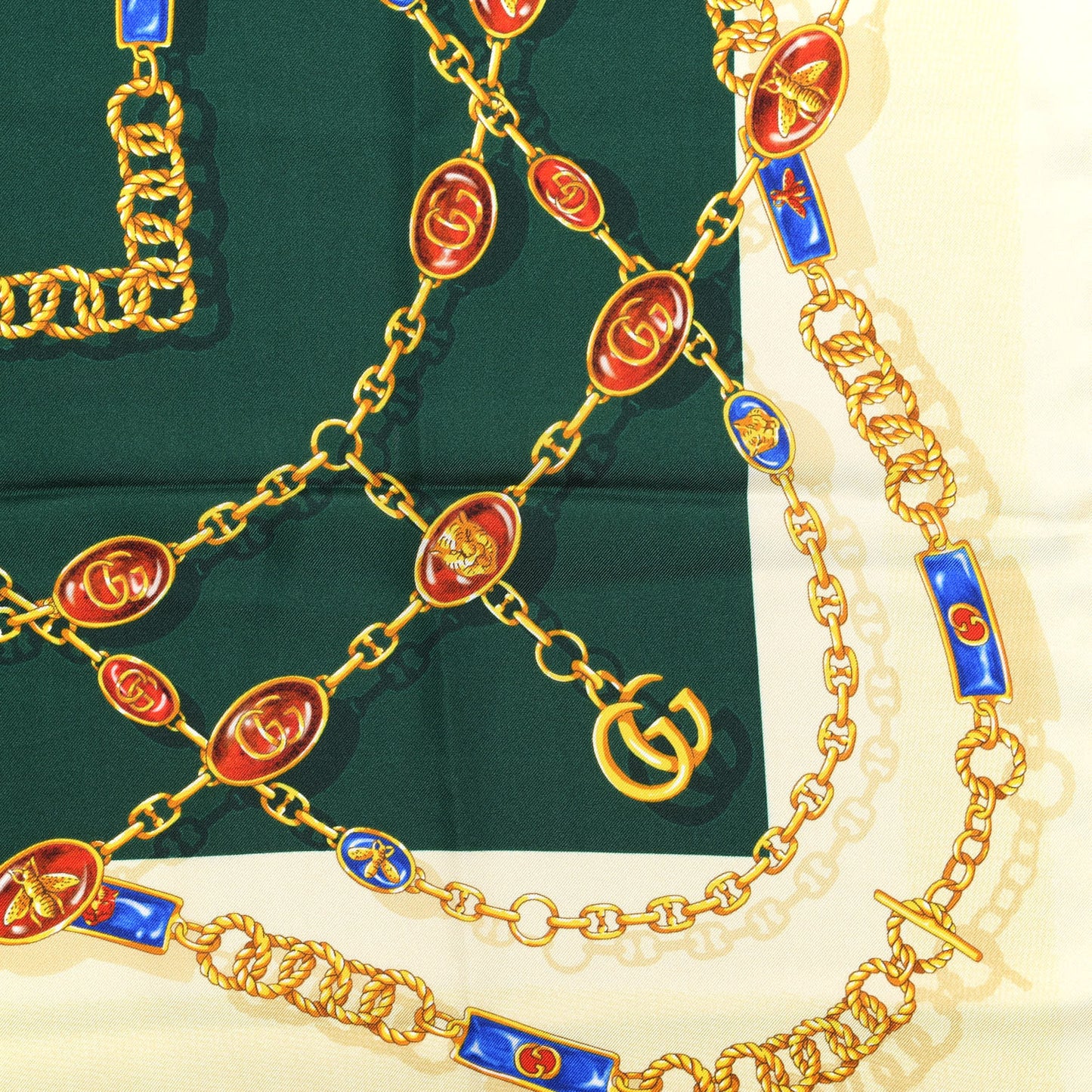 Silk Twill Chain Print Square Scarf Ivory Dark Green