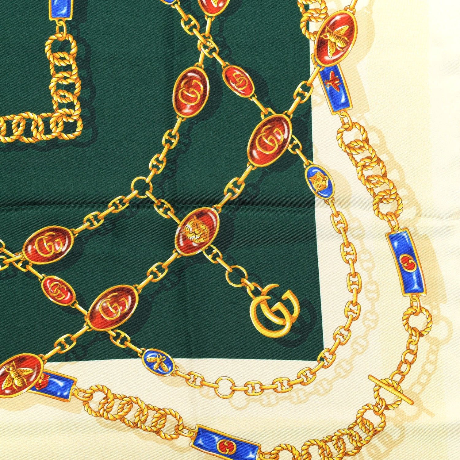 Gucci Silk Twill Chain Print Square Scarf Ivory Dark Green 3 of 6