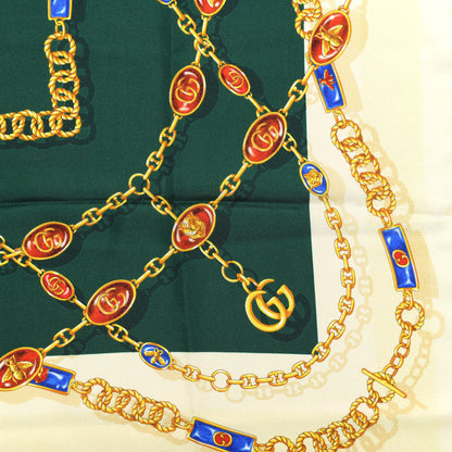 Gucci Silk Twill Chain Print Square Scarf Ivory Dark Green 3 of 6