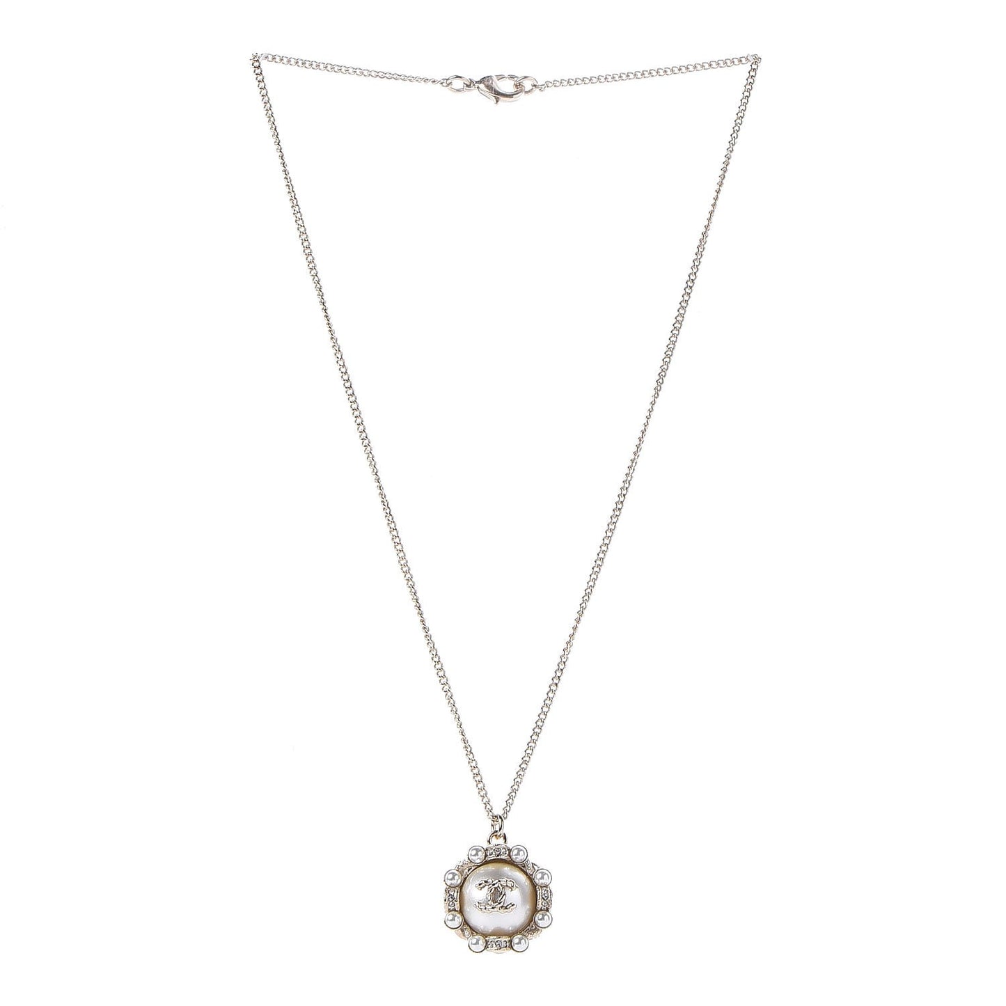 Crystal Pearl CC Medallion Necklace Light Gold