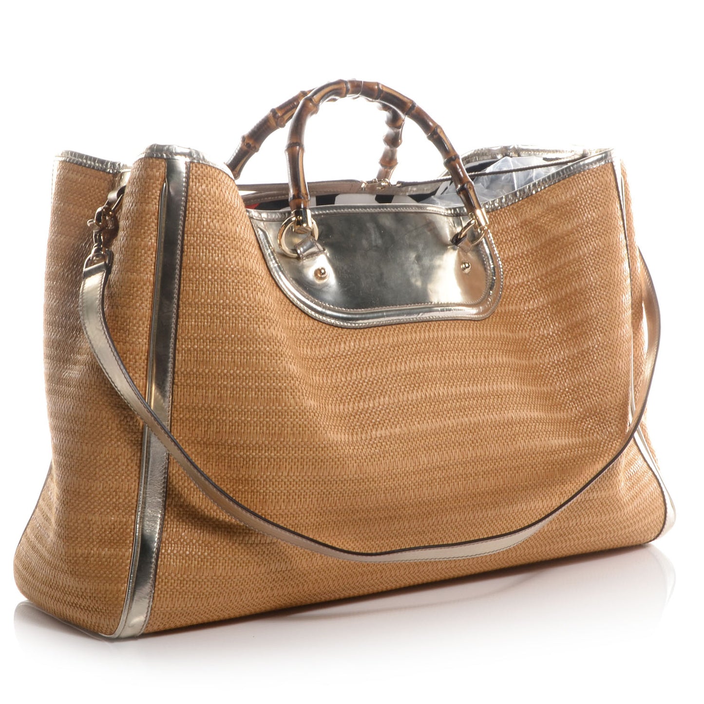 Straw Bamboo Handle Tote Silver