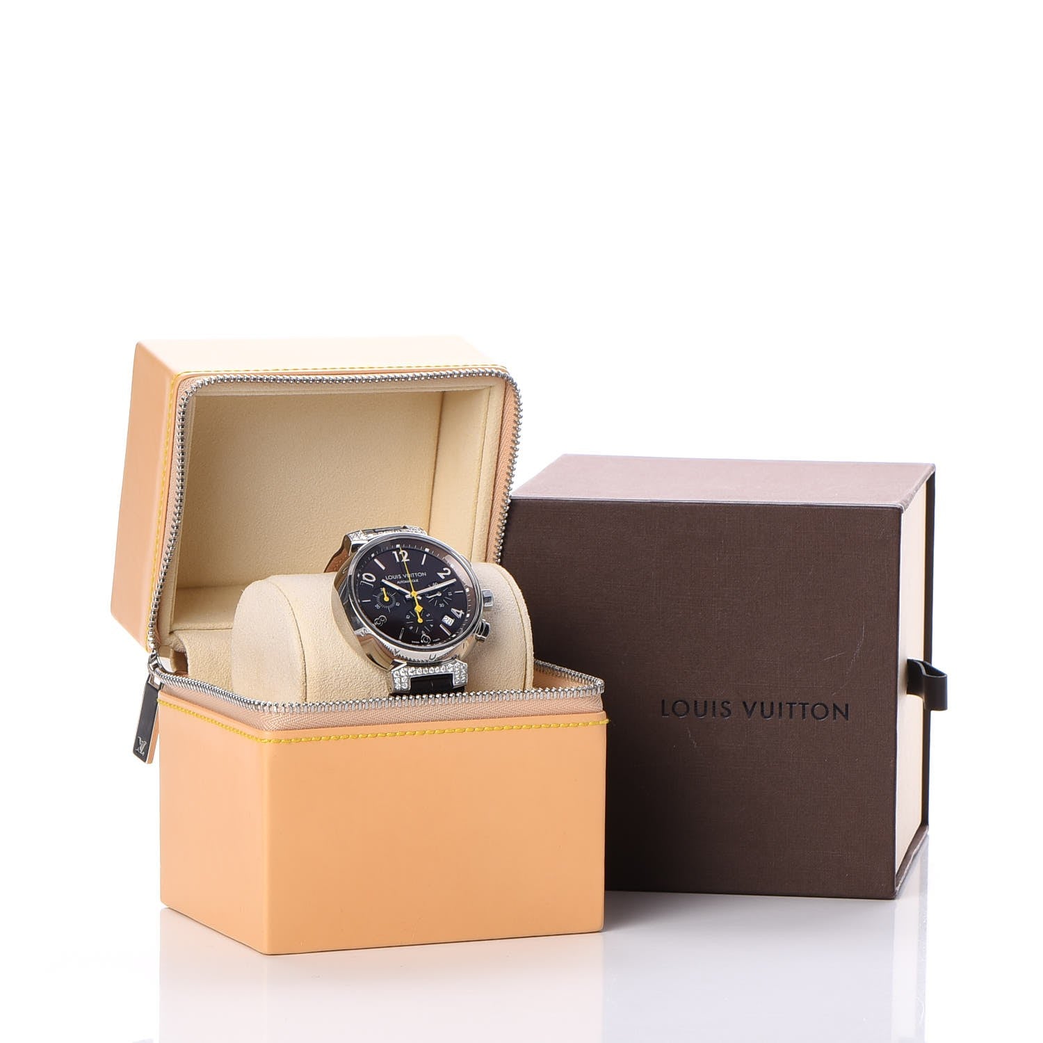 Louis Vuitton Stainless Steel Alligator Diamond 41mm Tambour Chronograph Automatic Watch Brown 9 of 9