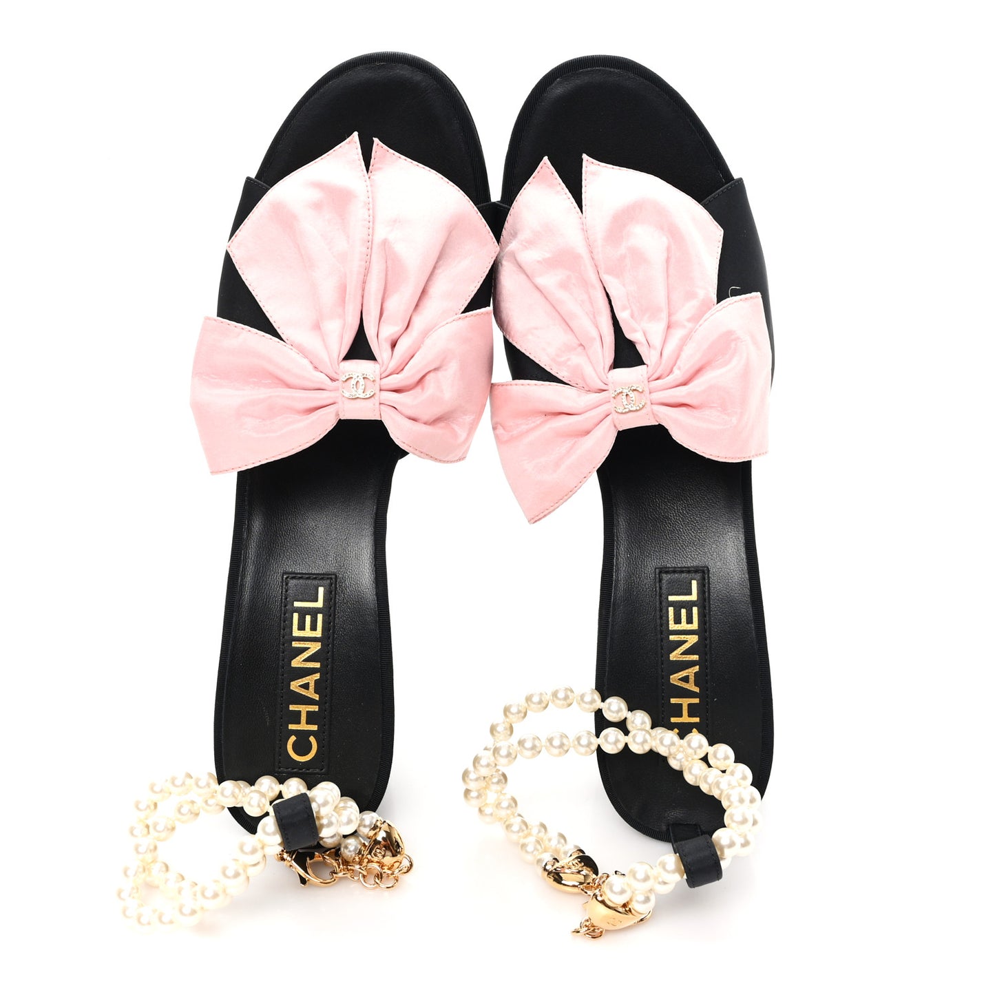 Silk Pearl Bow CC Ankle Strap Sandals 39.5 Pink Black
