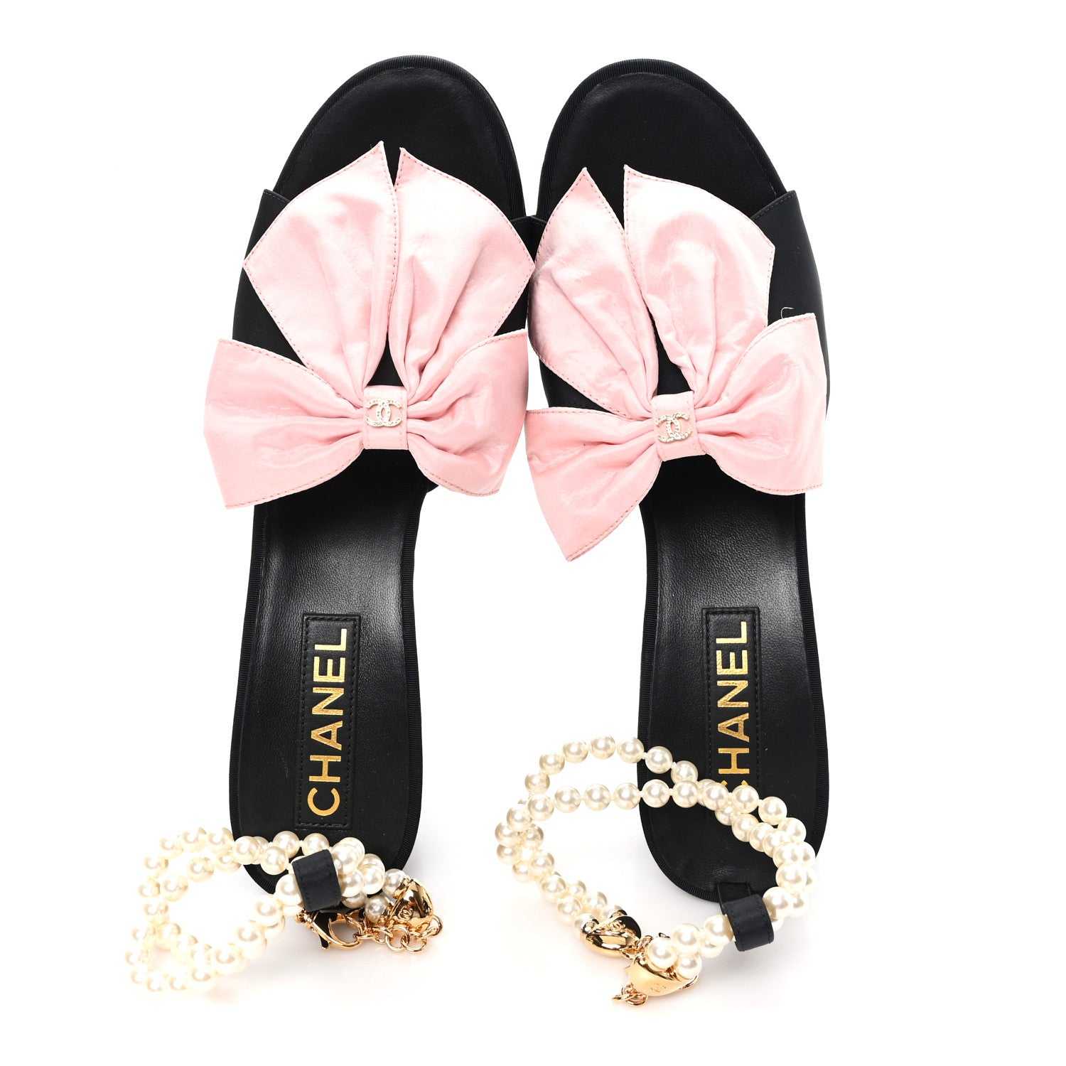 Chanel Silk Pearl Bow CC Ankle Strap Sandals 39.5 Pink Black 2 of 10