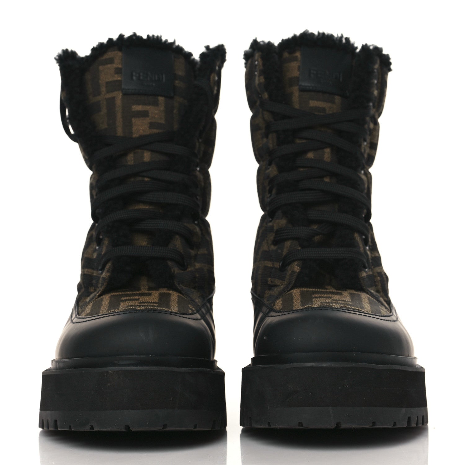 Fendi Vitello Nylon Jacquard Fabric FF Signature Biker Boots 39.5 Black Tobacco 2 of 7