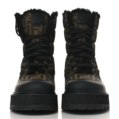 Fendi Vitello Nylon Jacquard Fabric FF Signature Biker Boots 39.5 Black Tobacco 2 of 7