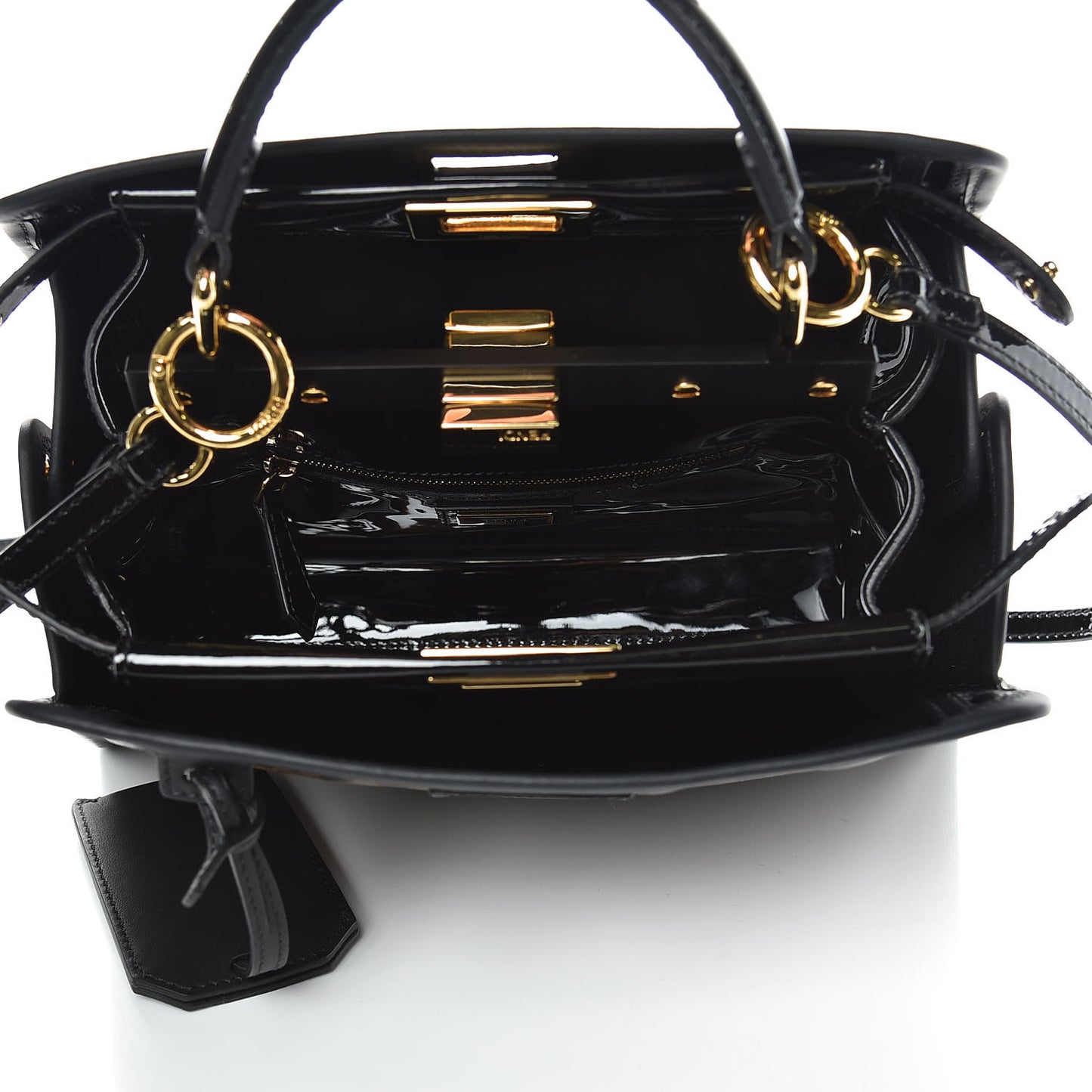 Patent Glazed Fabric Vitello Century FF 1974 Stamp Patch Mini Peekaboo Iconic Satchel with FF Defender Cover Black Mogano Panna