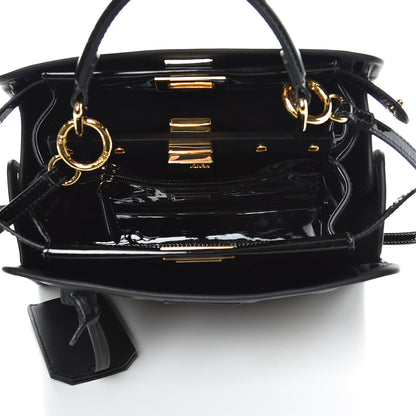 Fendi Patent Glazed Fabric Vitello Century FF 1974 Stamp Patch Mini Peekaboo Iconic Satchel with FF Defender Cover Black Mogano Panna 6 of 9