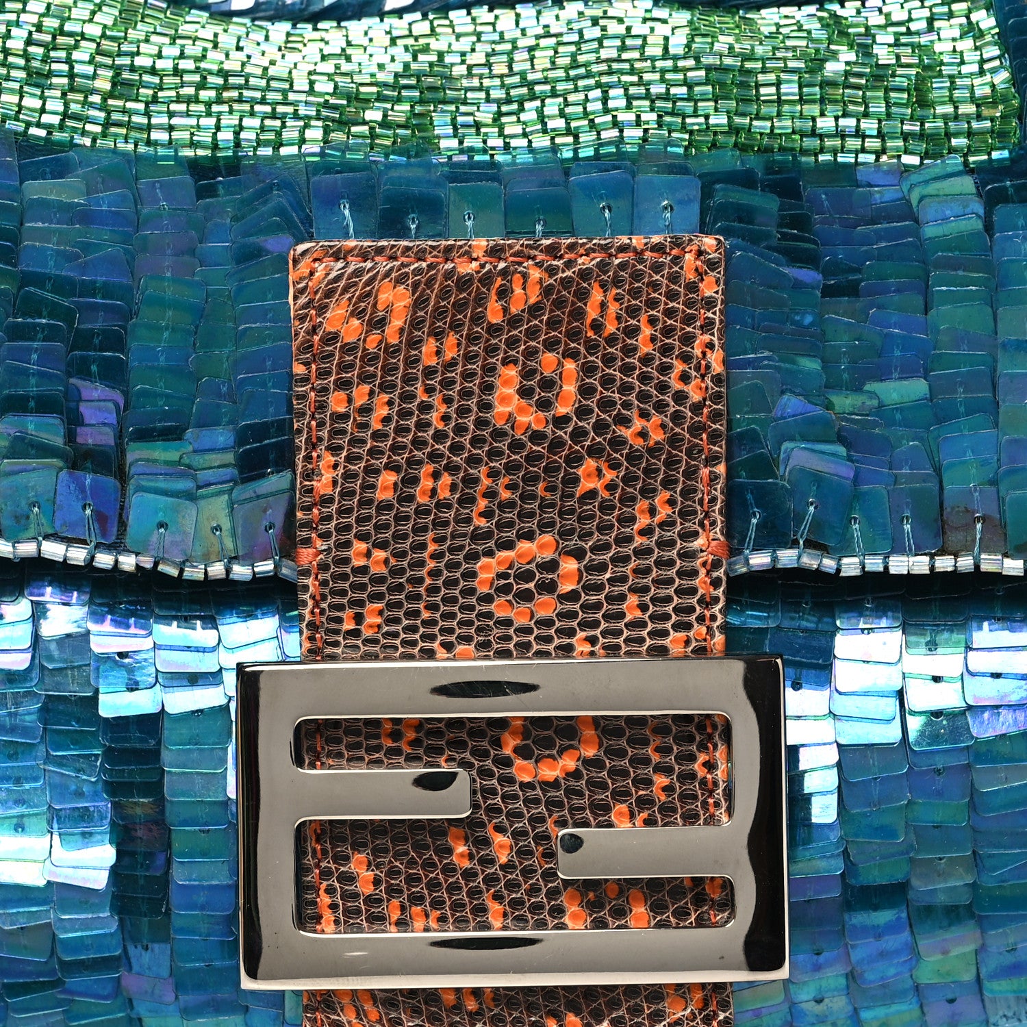 Fendi Sequin Beaded Lizard Baguette Verde Arancio 8 of 11