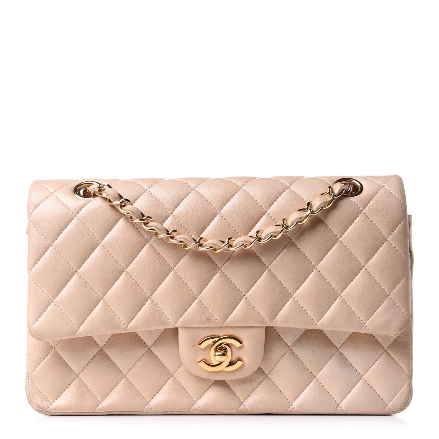 Lambskin Quilted Medium Double Flap Beige