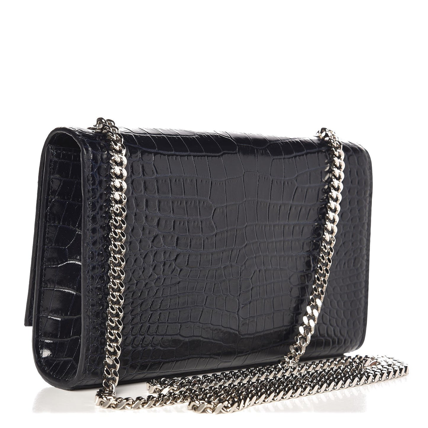 Calfskin Crocodile Embossed Small Classic Monogram Kate Tassel Satchel Navy