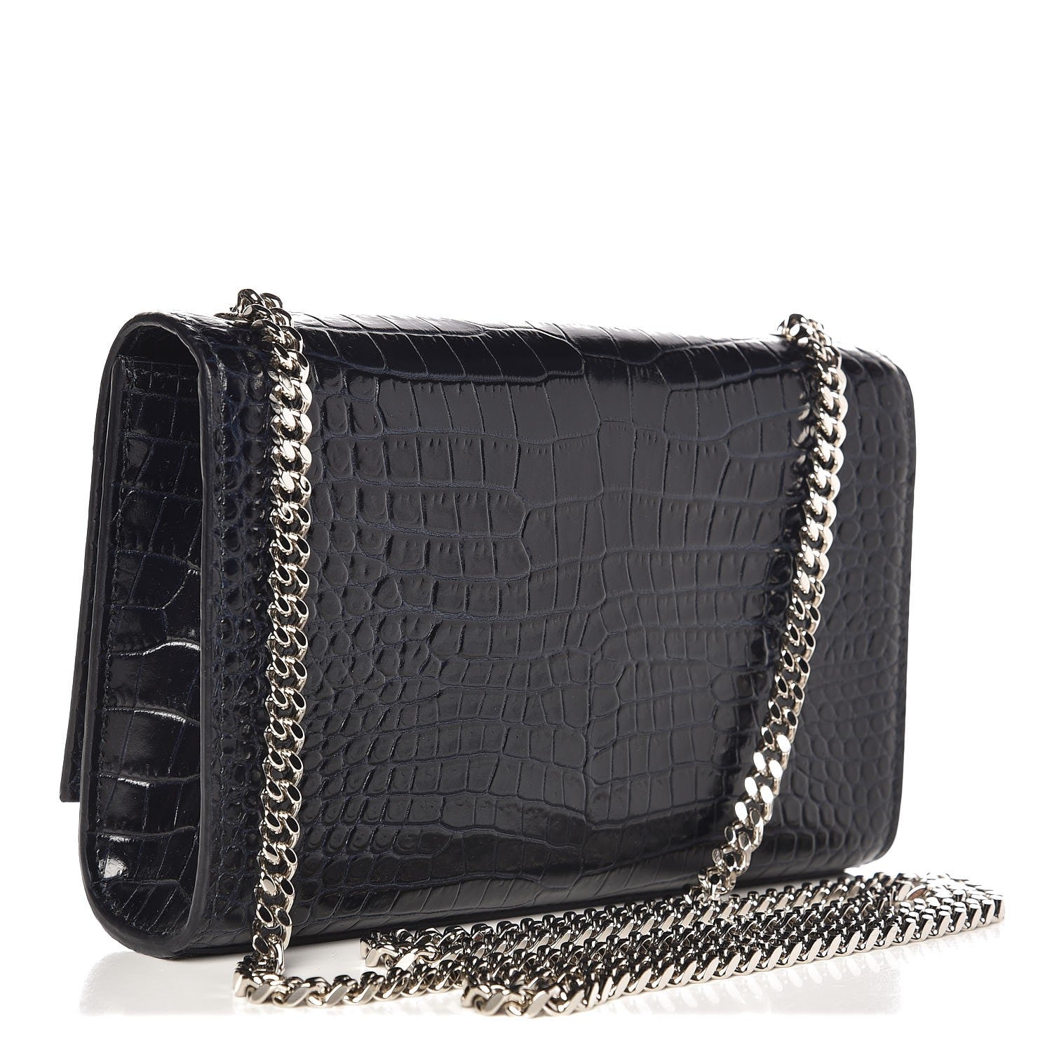 Saint Laurent Calfskin Crocodile Embossed Small Classic Monogram Kate Tassel Satchel Navy 3 of 7