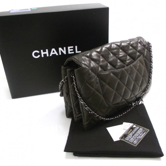 Lambskin Quilted 3 Flap Bag Dark Khaki