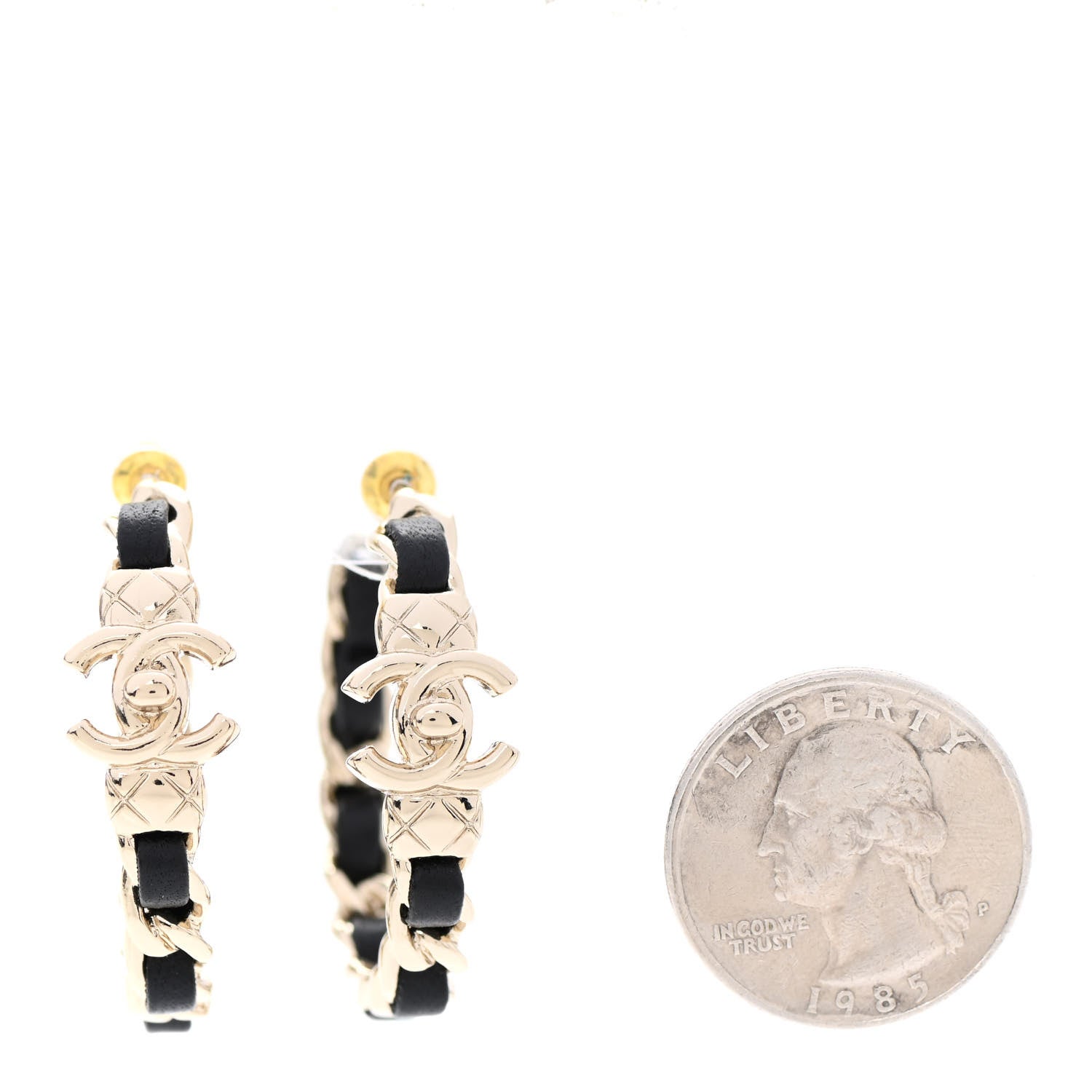 Chanel Metal Lambskin Quilted CC Turnlock Chain Hoop Earrings Gold Black 2 of 4