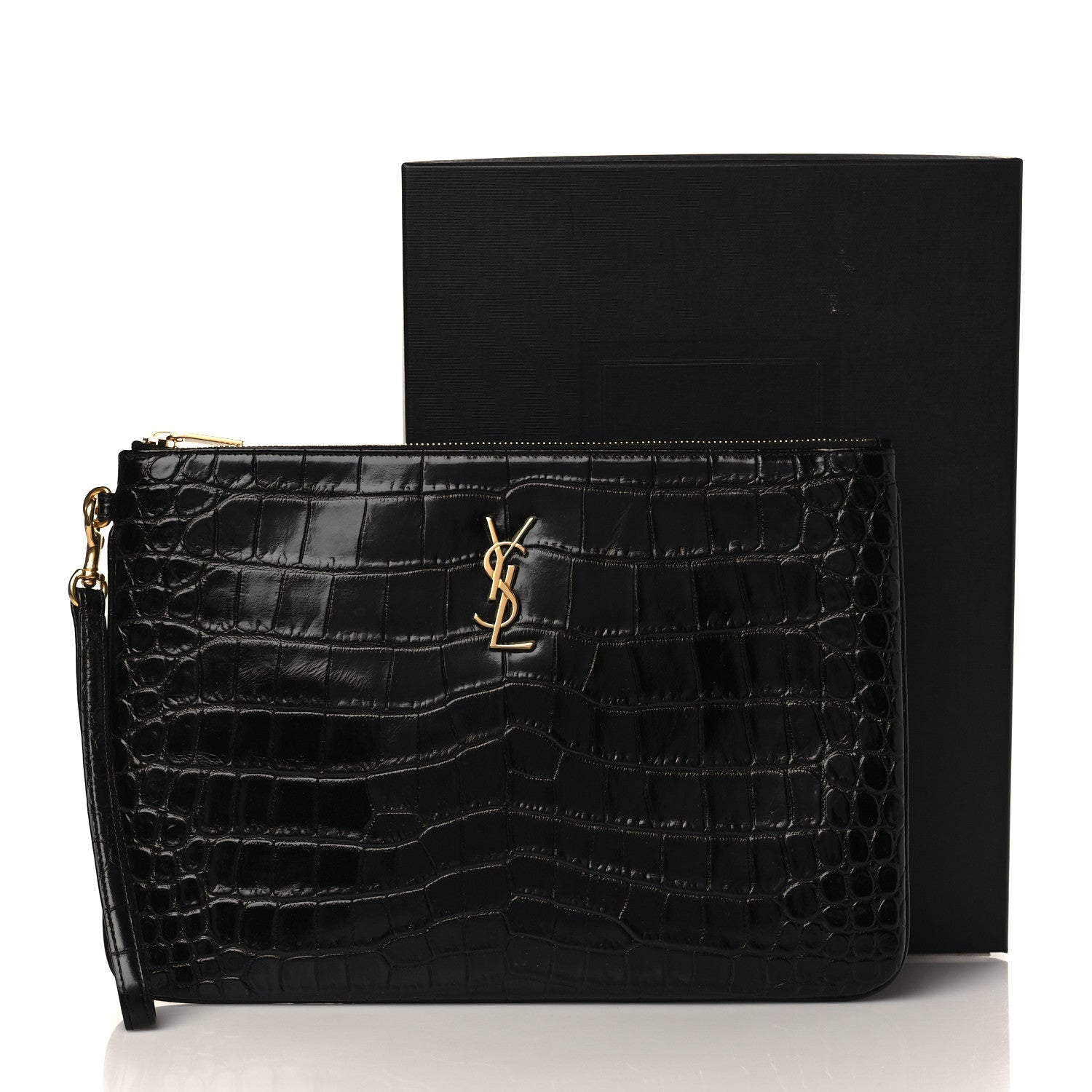 Saint Laurent Calfskin Crocodile Embossed Cassandre Tablet Pouch Black 8 of 8