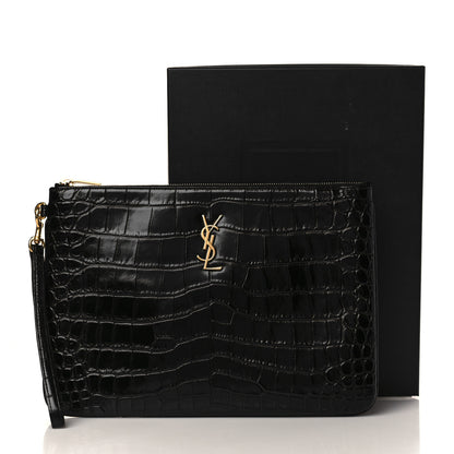 Saint Laurent Calfskin Crocodile Embossed Cassandre Tablet Pouch Black 8 of 8