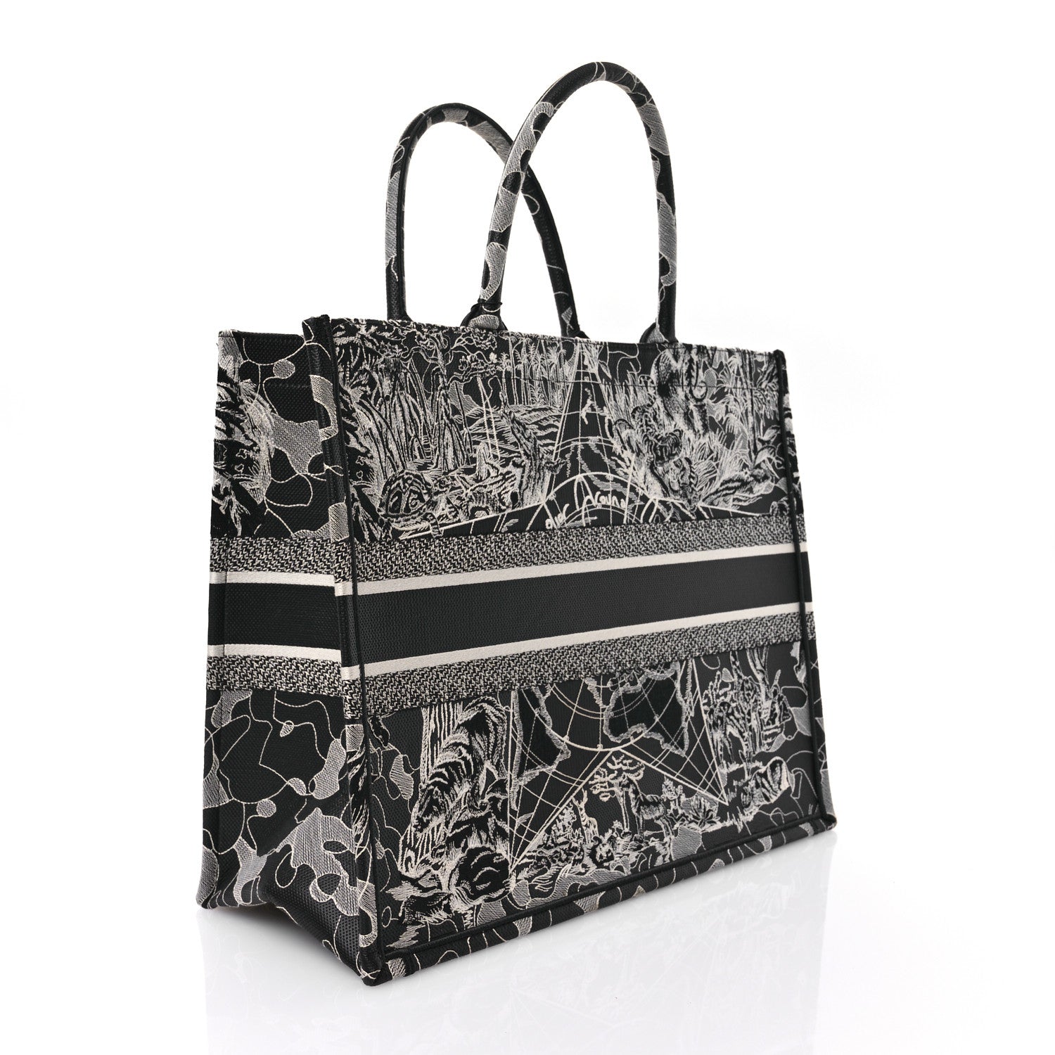 Christian Dior Canvas Embroidered Large Around The World Book Tote Black White 3 of 14