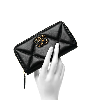 Chanel Shiny Goatskin Quilted Chanel 19 Long Zipped Around Wallet Black 2 of 9