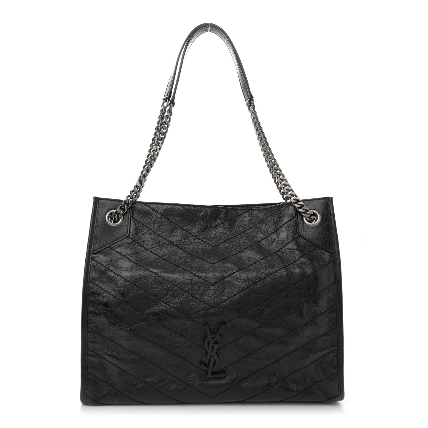 Crinkled Calfskin Matelasse Monogram Medium Niki Shopper Tote  Black