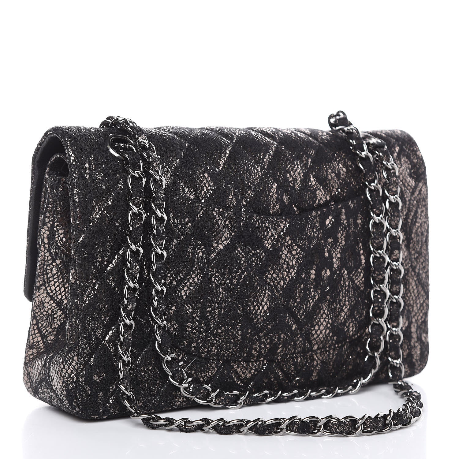Chanel Lace Metallic Goatskin Medium Double Flap Black Silver 3 of 13