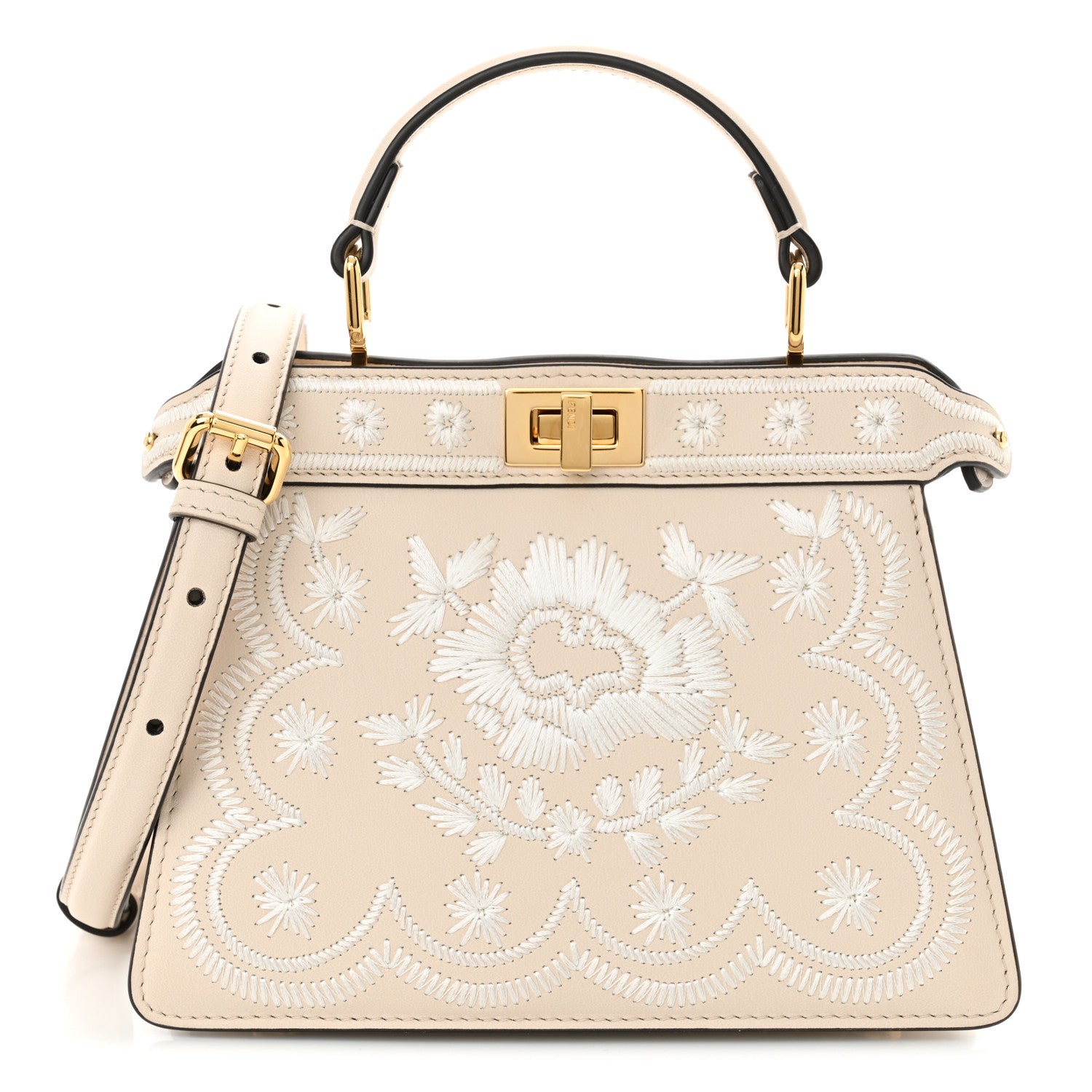 Fendi Vitello Seta Shiny Nappa Floral Embroidered Petite Peekaboo I SEE U Satchel Camelia White Ice 1 of 12