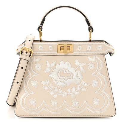 Fendi Vitello Seta Shiny Nappa Floral Embroidered Petite Peekaboo I SEE U Satchel Camelia White Ice 1 of 12