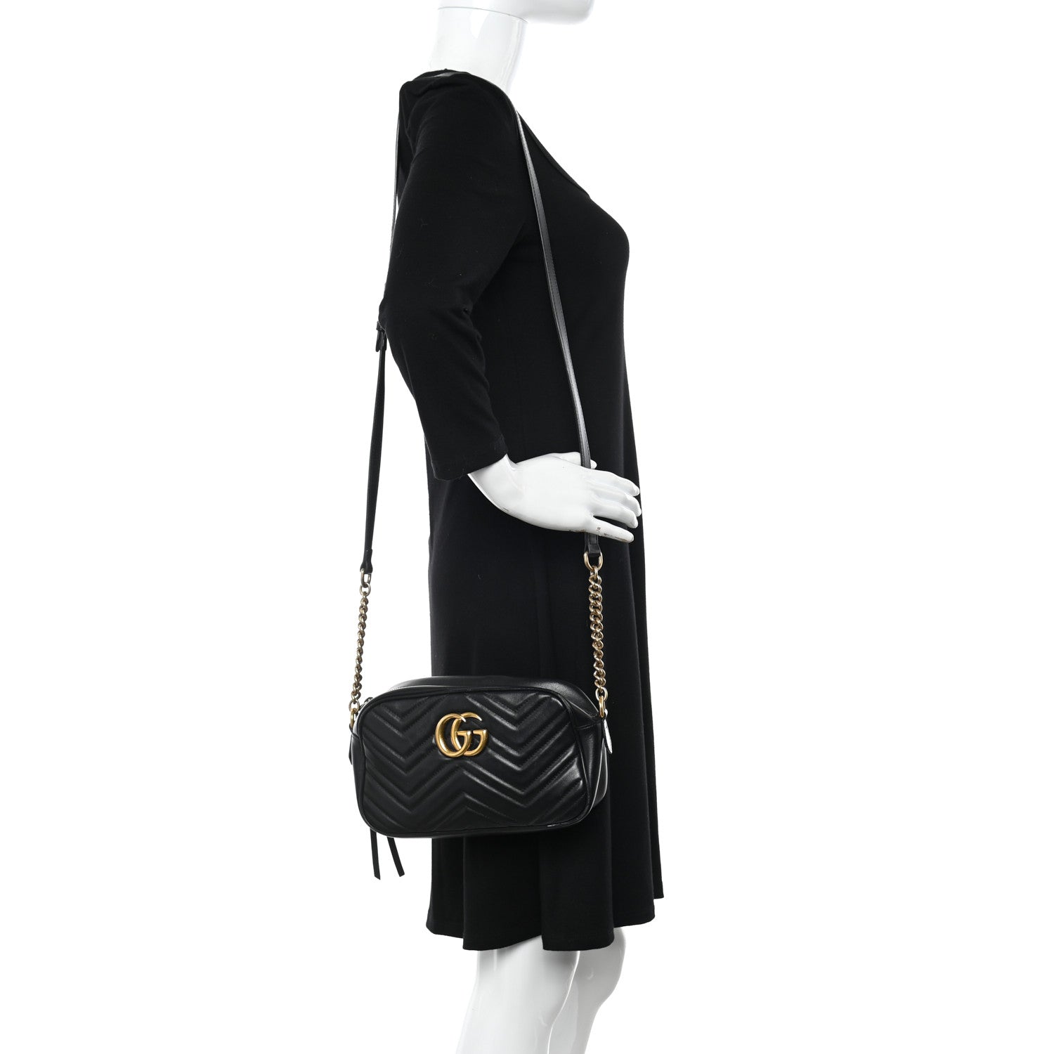 Gucci Calfskin Matelasse Small GG Marmont Chain Shoulder Bag Black 2 of 14