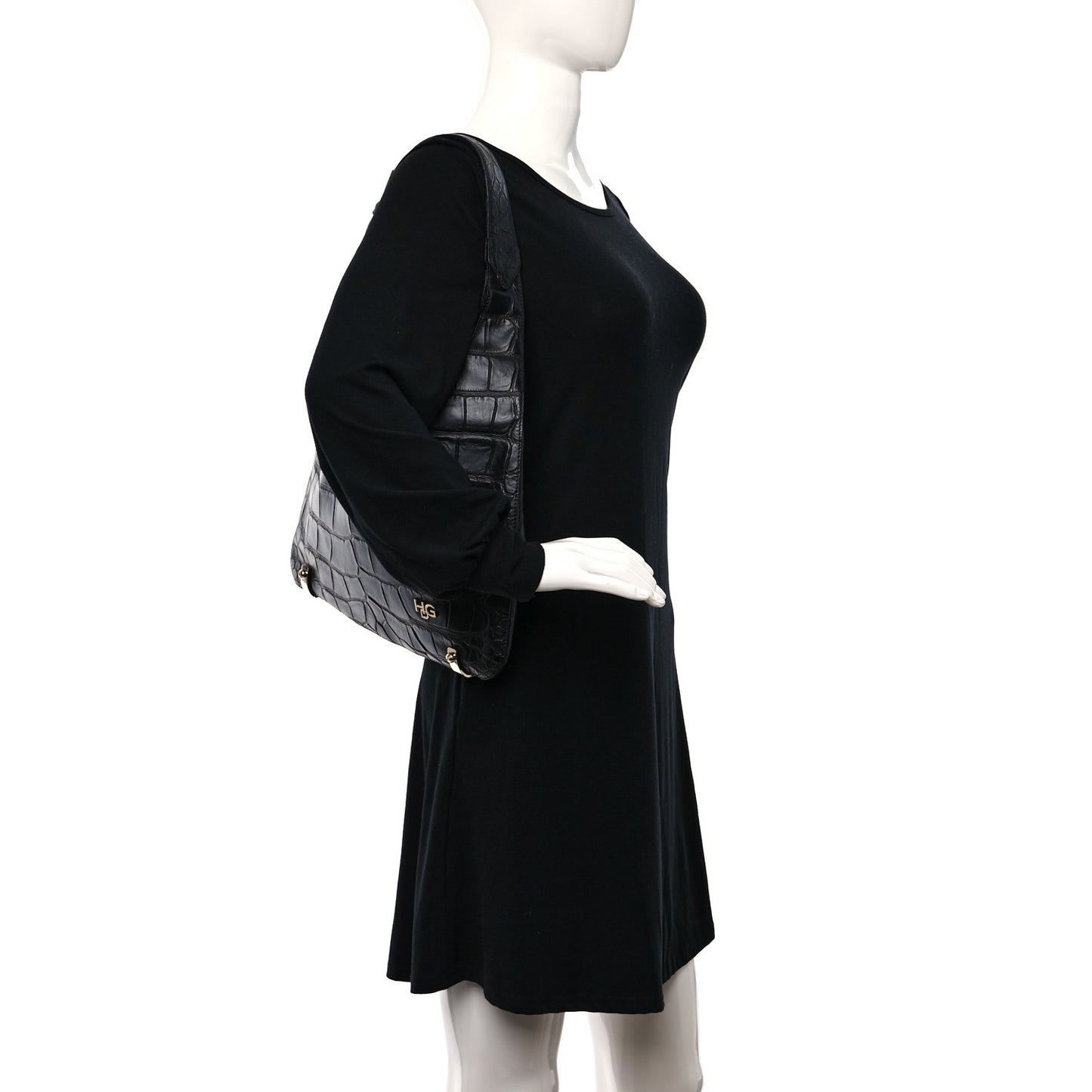 Calfskin Crocodile Embossed Small HDG Hobo Bag Black