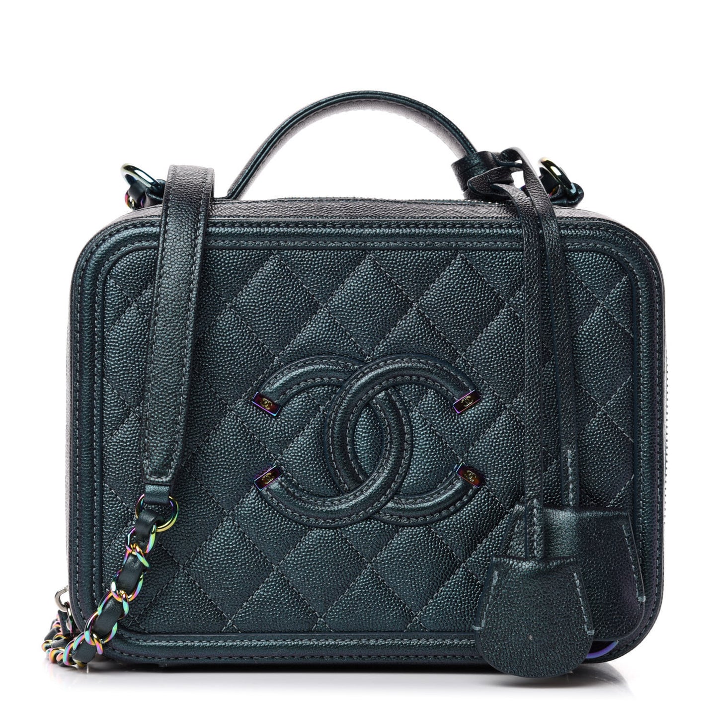 Iridescent Caviar Quilted Medium CC Filigree Vanity Case Dark Turquoise
