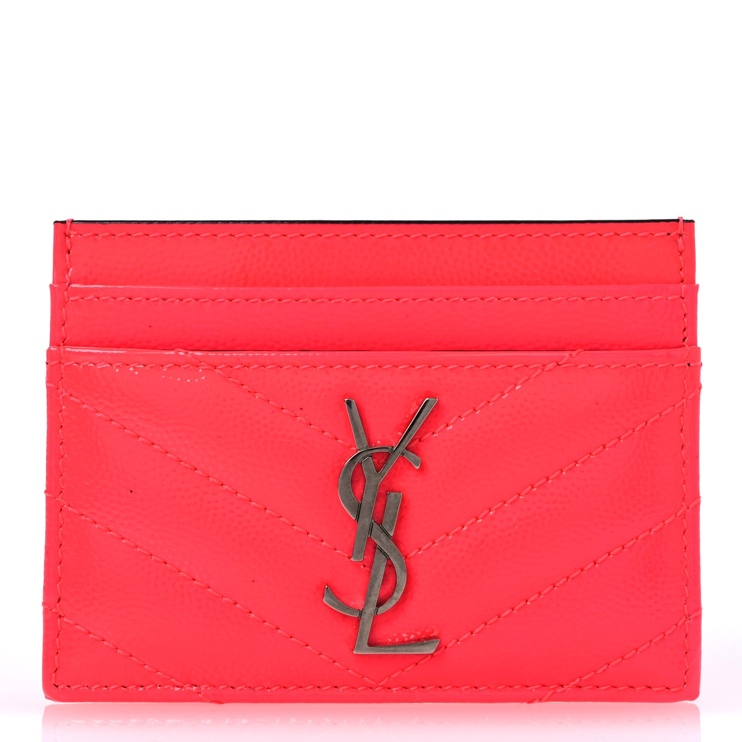 Saint Laurent Patent Grain De Poudre Matelasse Chevron Monogram Credit Card Case Neon Pink 1 of 9