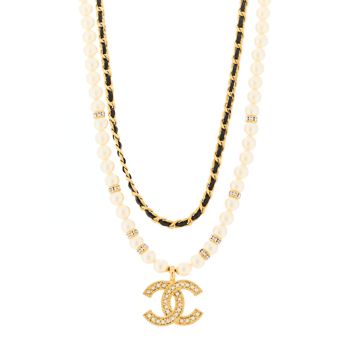Lambskin Pearl Crystal CC Short Necklace Gold