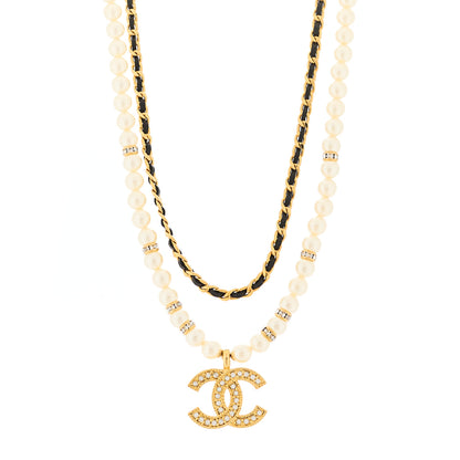 Chanel Lambskin Pearl Crystal CC Short Necklace Gold 1 of 5