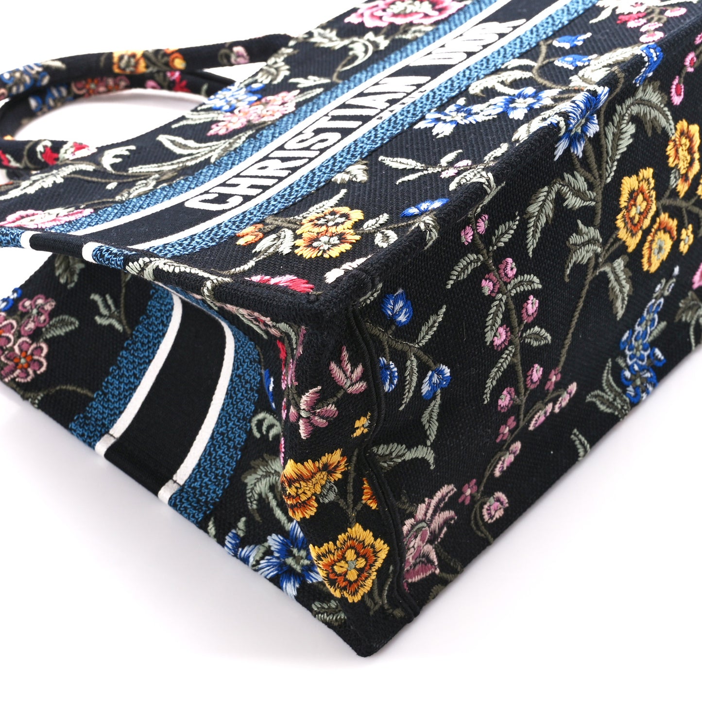 Raffia Embroidered Petites Fleurs Medium Book Tote Navy Blue Multicolor