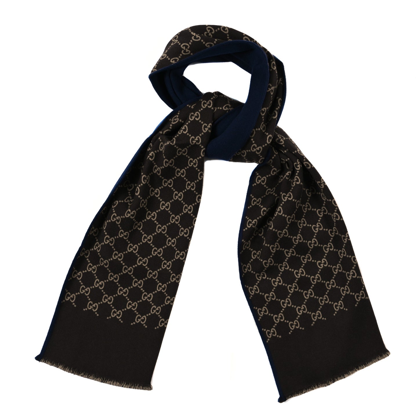 Wool Silk Monogram GG Scarf Navy Brown
