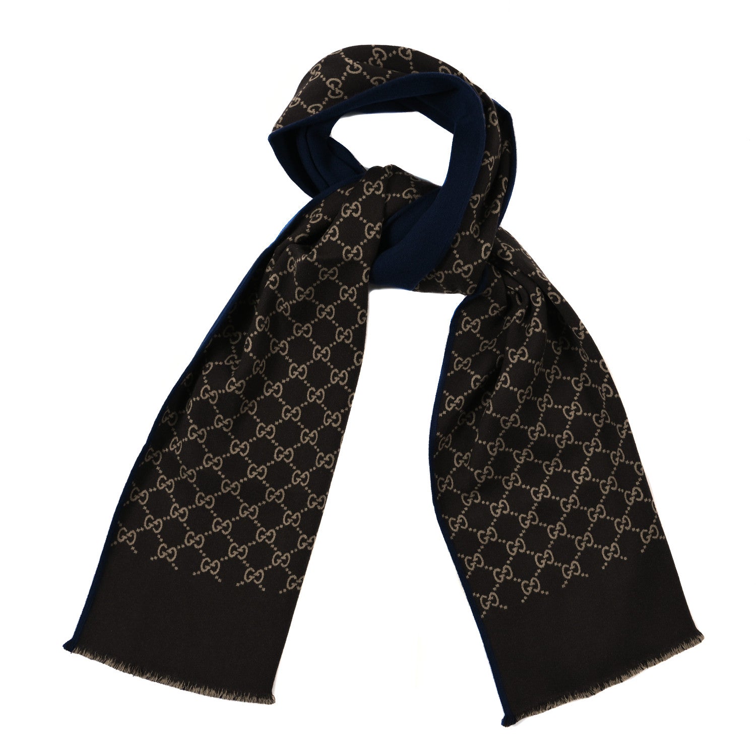 Gucci Wool Silk Monogram GG Scarf Navy Brown 1 of 4