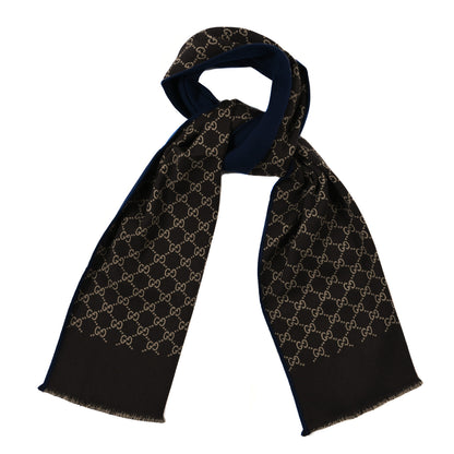 Gucci Wool Silk Monogram GG Scarf Navy Brown 1 of 4